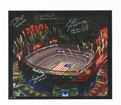Super Bowl MVPs Multi Signed MetLife Stadium 31 x 36 Canvas Print Signed By Brady, Bradshaw, Manning & Montana (Tristar & Steiner)